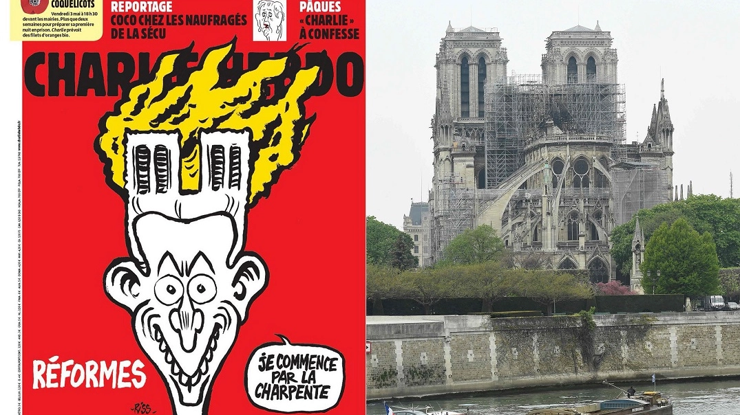 La copertina di Charlie Hebdo e Notre Dame (Ansa)