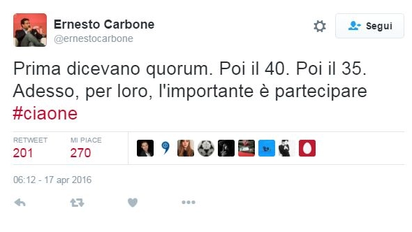 Il tweet di Ernesto Carbone sul referendum trivelle che ha scatenato le polemiche