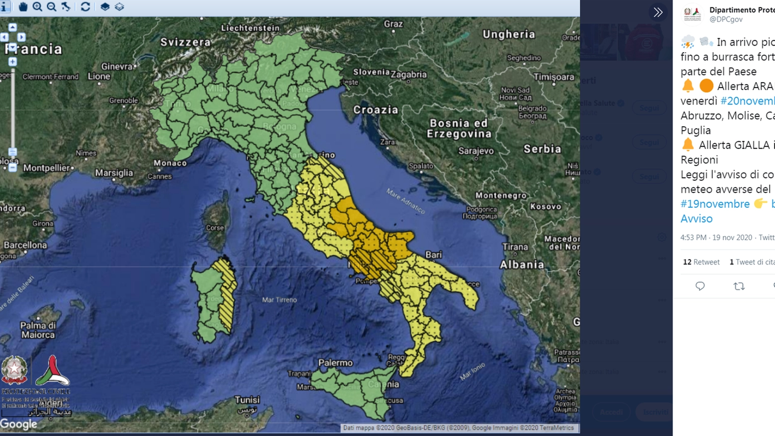 Protezione civile: l'allerta meteo in Italia per il 20 novembre
