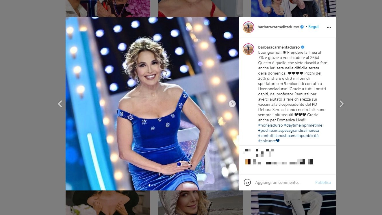 Barbara D'Urso commenta gli ascolti su Instagram