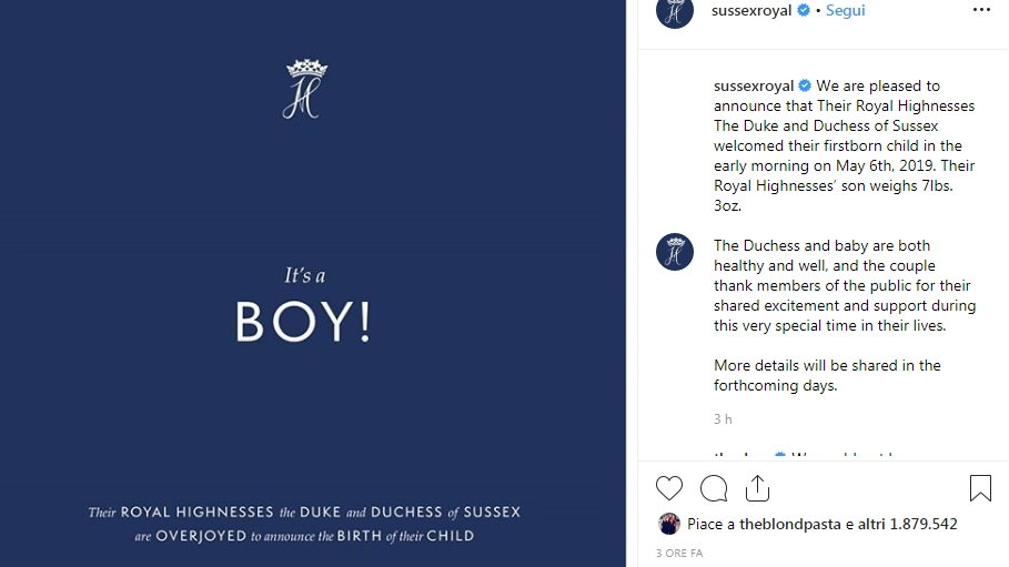 L'annuncio ufficiale della famiglia reale (Instagram)