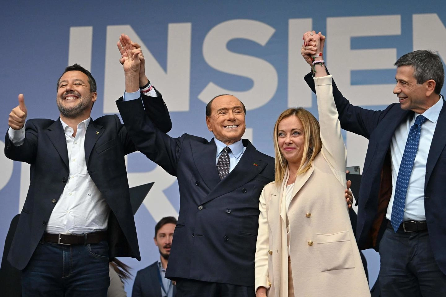 Da sinistra Salvini, Berlusconi, Meloni e Lupi (Ansa)