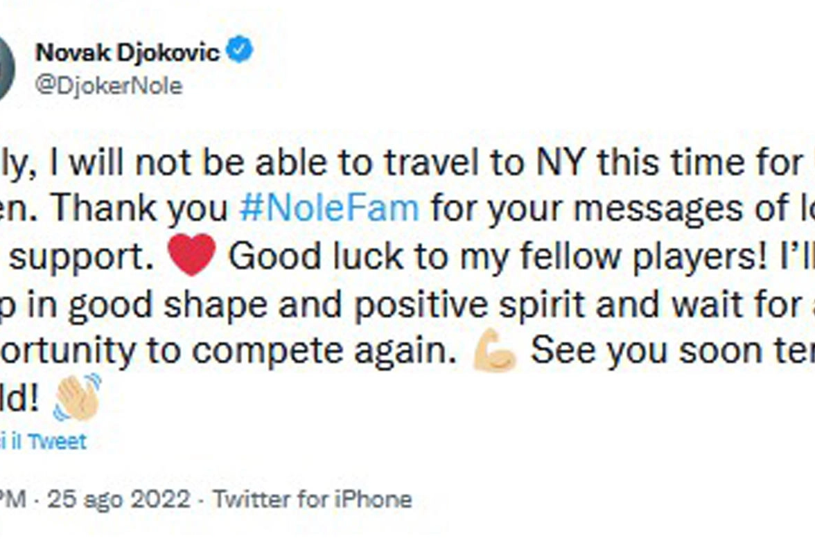 Il Tweet di  Novak Djokovic  (Ansa)