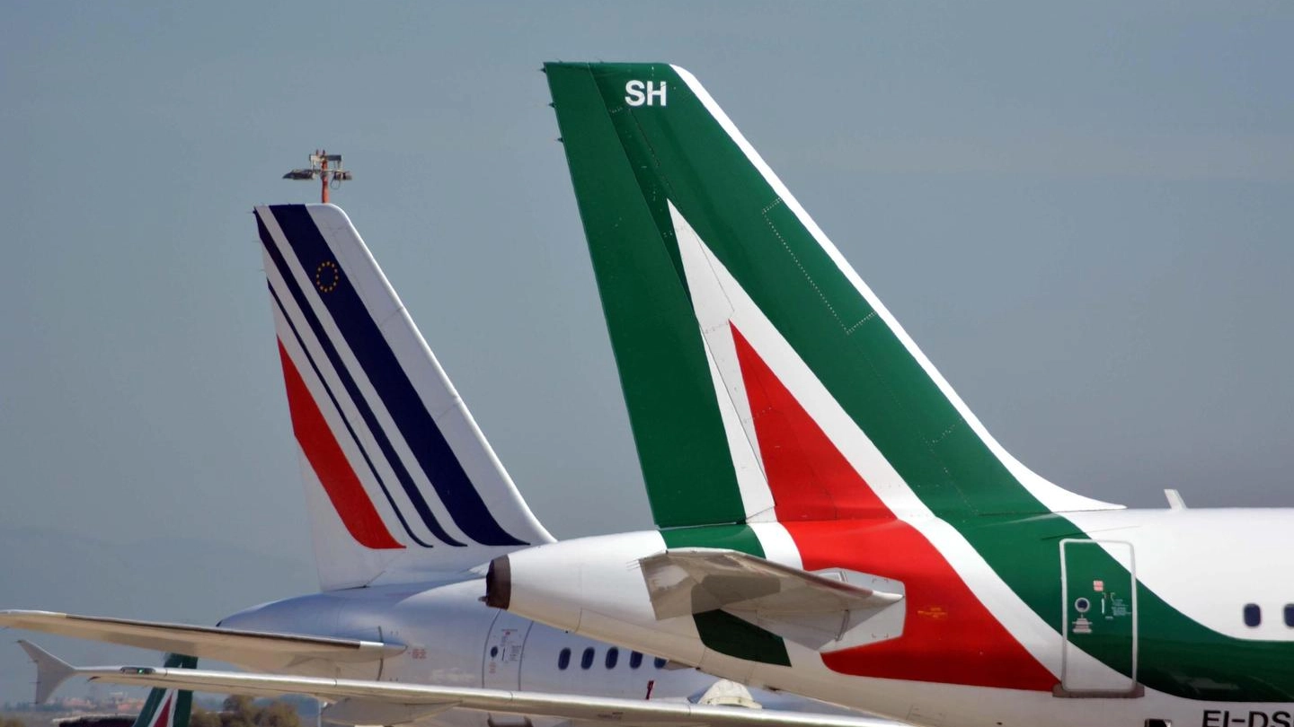 Code di aerei affiancati Alitalia e Air France (Ansa)