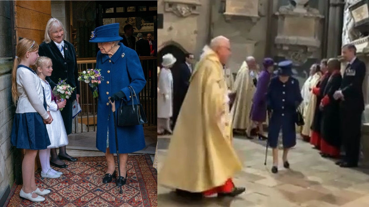 La regina Elisabetta con il bastone all'abbazia di Westminster 