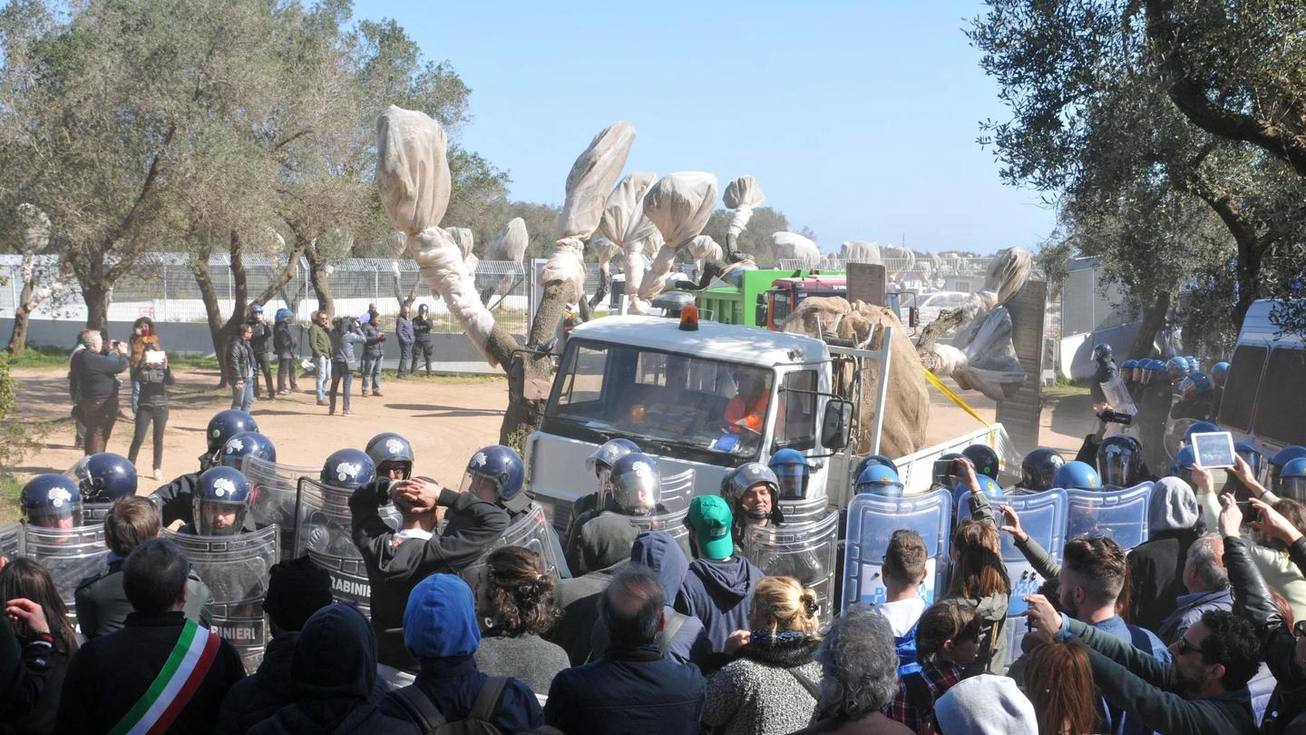 Protesta degli attivisti davanti al cantiere della Tap a Melendugno (Ansa)