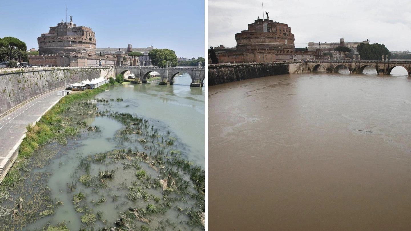 Siccità a Roma. Nella foto il livello del Tevere a luglio e quello durante la piena (Ansa)
