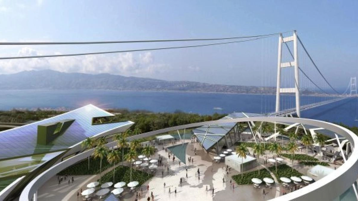 Una elaborazione grafica del progetto definitivo del ponte sullo Stretto di Messina (Ansa)