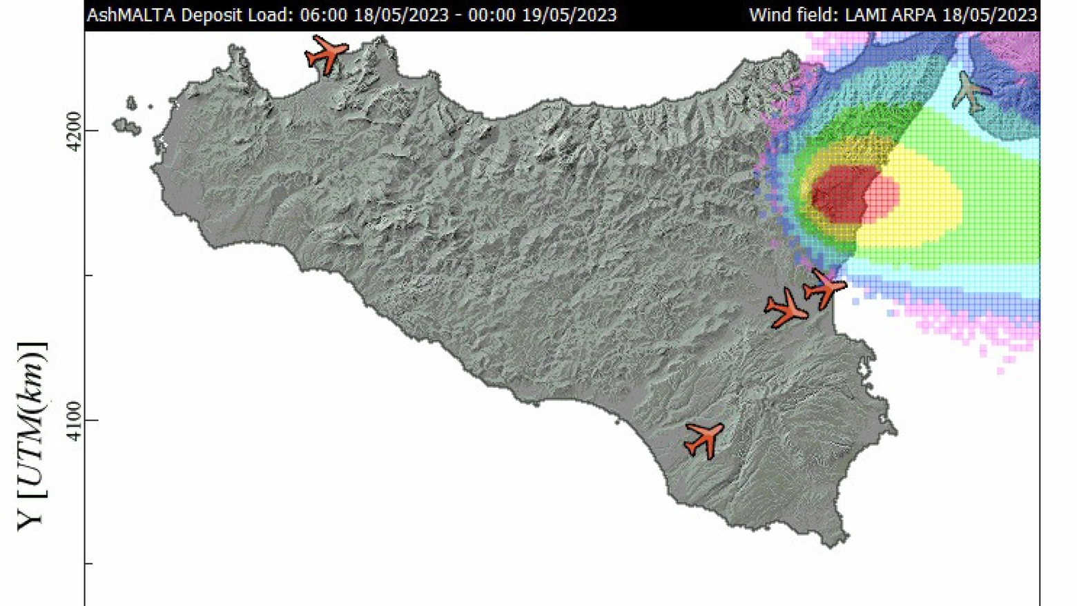 Simulazione dell'eventuale emissione di cenere lavica dell'Etna secondo previsioni dell'Ingv (Ansa)