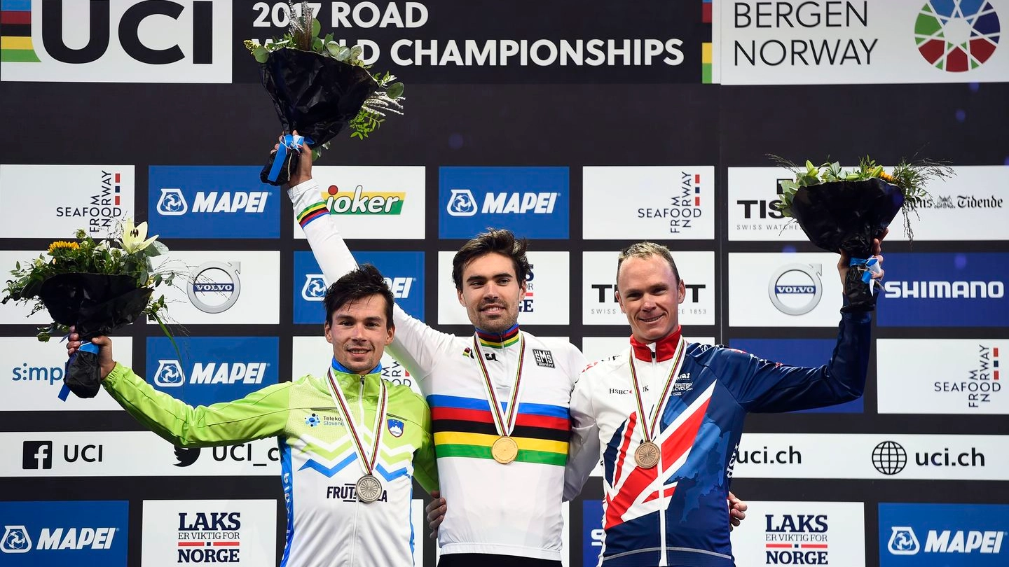 Mondiali di ciclismo, il podio della cronometro (foto Afp)