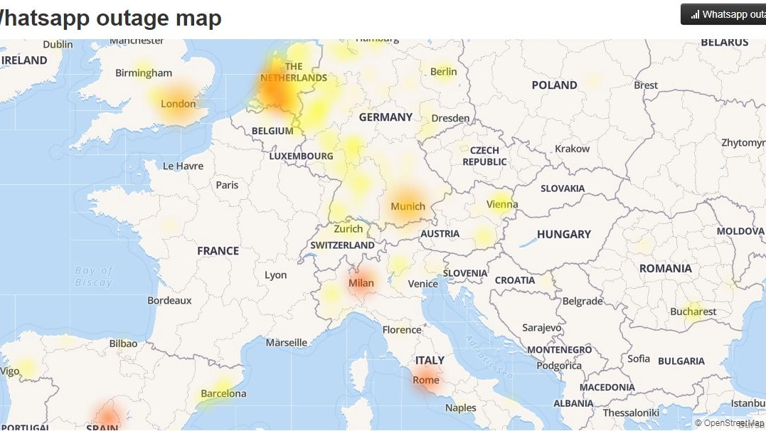La mappa di downdetector con le aree dove si evidenziano problemi di Whatsapp