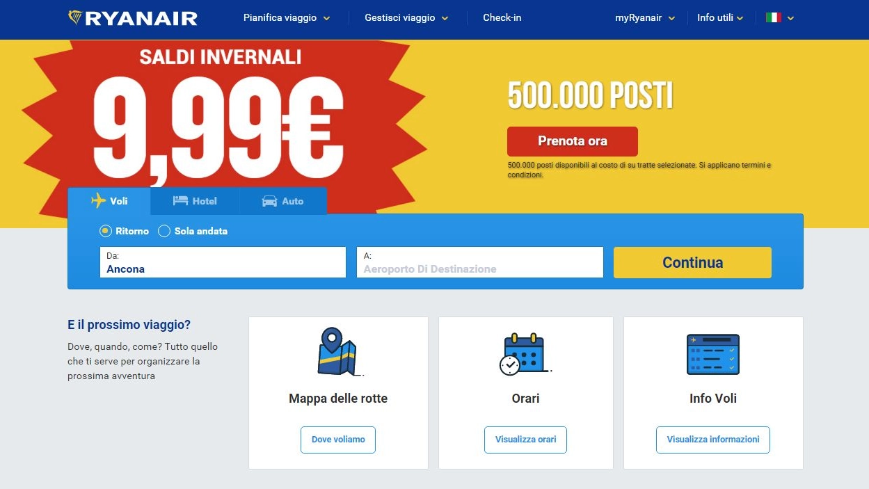 Ryanair, la super offerta su 500mila posti a 9 euro a 99 (dal sito di Ryanair)