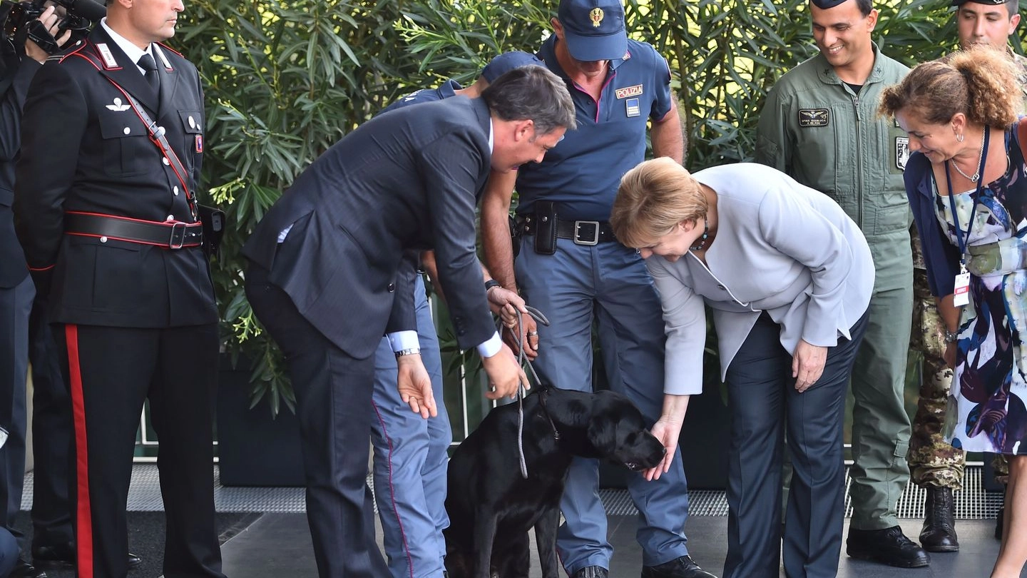 Renzi e Merkel insieme al cane-eroe Leo (Afp)