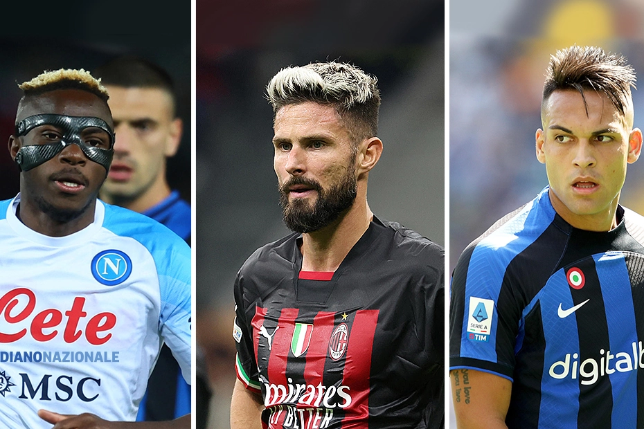 Da sinistra Osimhen (Napoli), Giroud (Milan) e Lautaro Martinez (Inter)