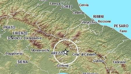 L'epicentro del sisma registrato alle 16.51 di domenica 21 dicembre tra Arezzo e Perugia