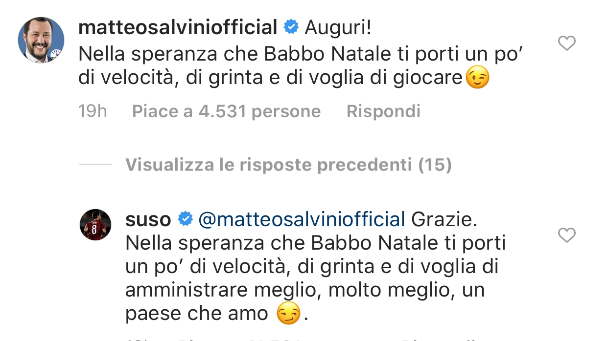 Il botta e risposta tra Salvini e Suso su Instagram