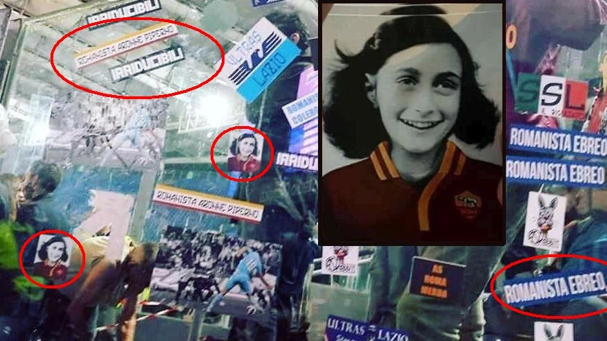 Anna Frank con la maglia della Roma, e scritte antisemite nella Sud (combo Ansa) 