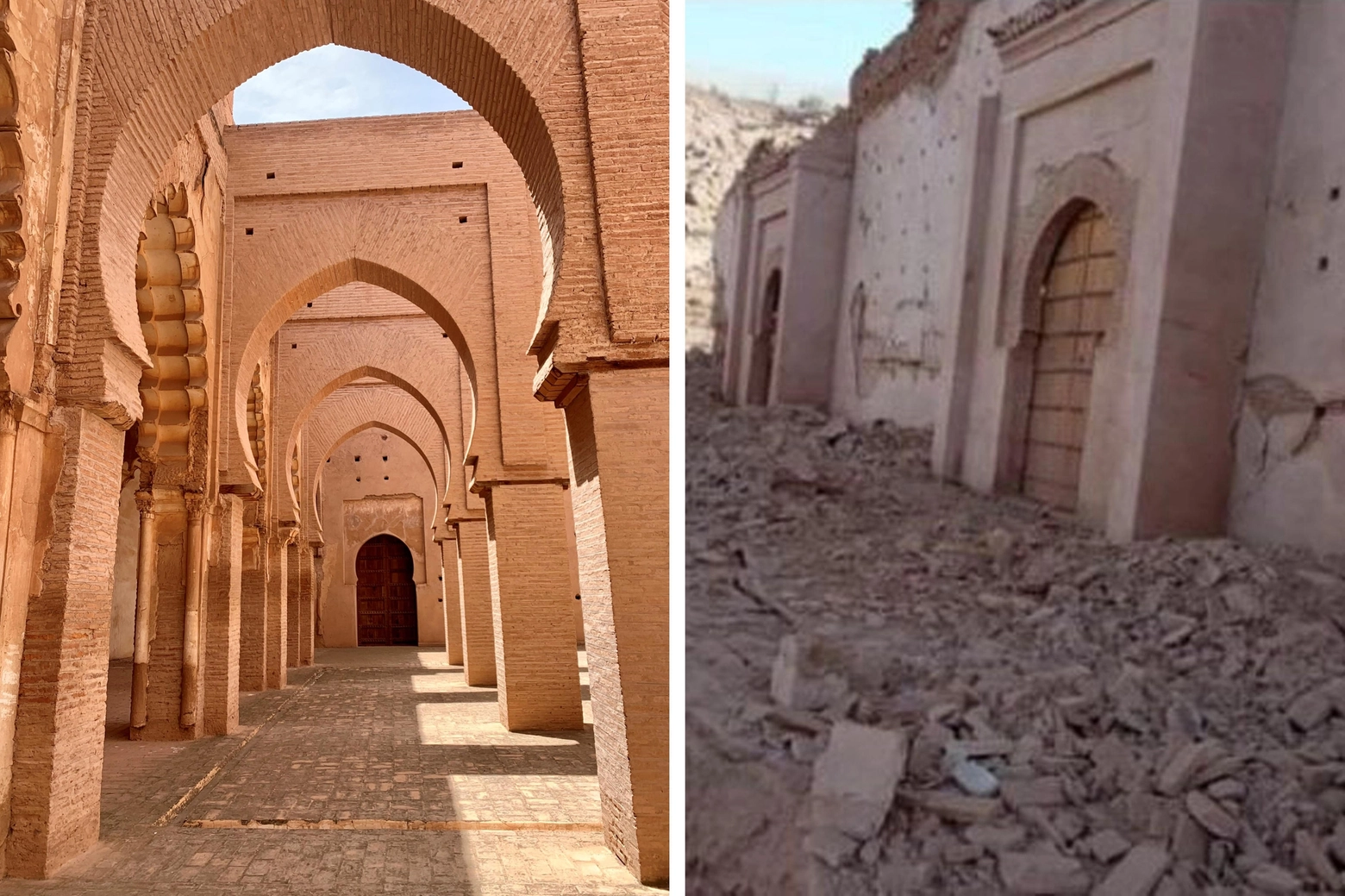 La moschea di Tinmel sull'Atlante prima e dopo il terremoto (Ansa)