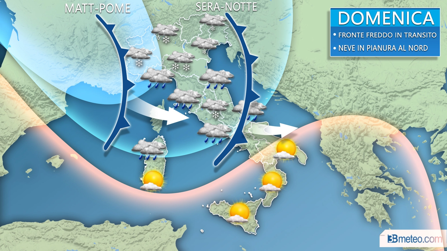 La mappa delle previsioni del tempo per domenica, 3bmeteo.com