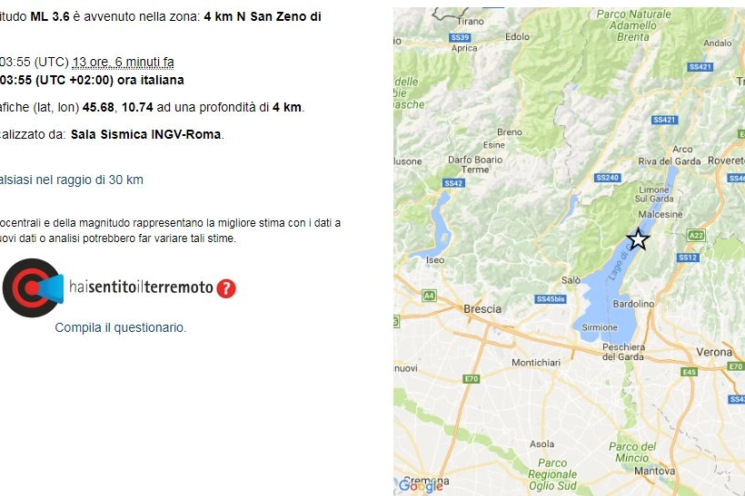Il terremoto delle 19.03 di ieri sul lago di Garda (dal sito Ingv)