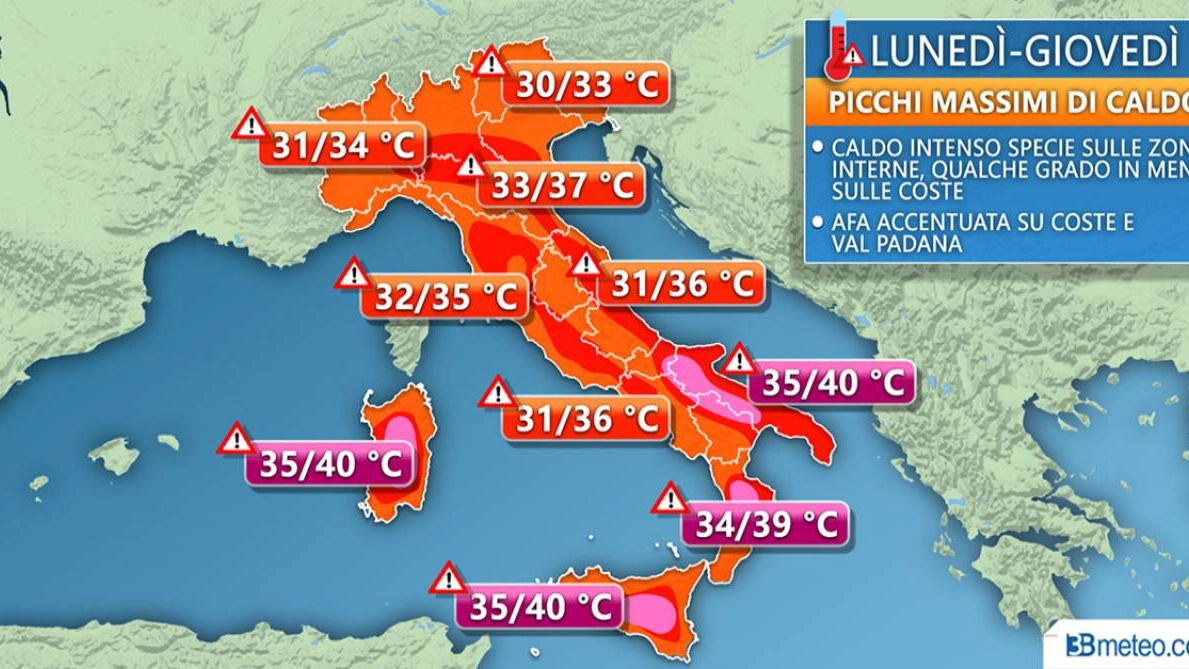 La mappa del caldo in Italia realizzata da 3B Meteo