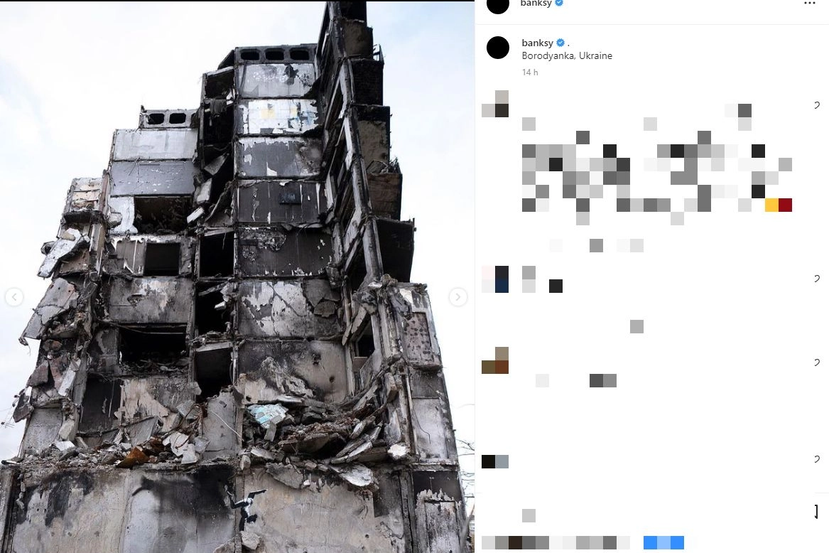L'opera di Banksy sull'edificio danneggiato in Ucraina 