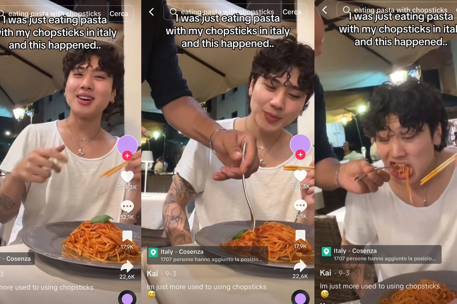 Alcuni frame del video in cui al tiktoker viene "insegnato" a mangiare gli spaghetti con la forchetta