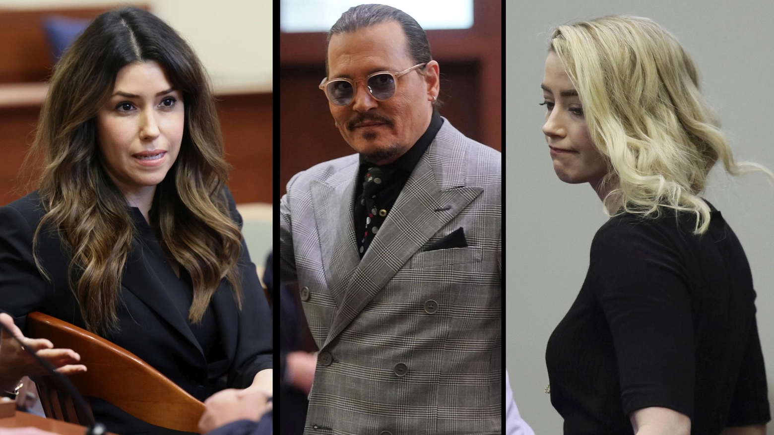 L'avvocatessa Camille Vasquez, Johnny Depp e Amber Heard (Ansa)