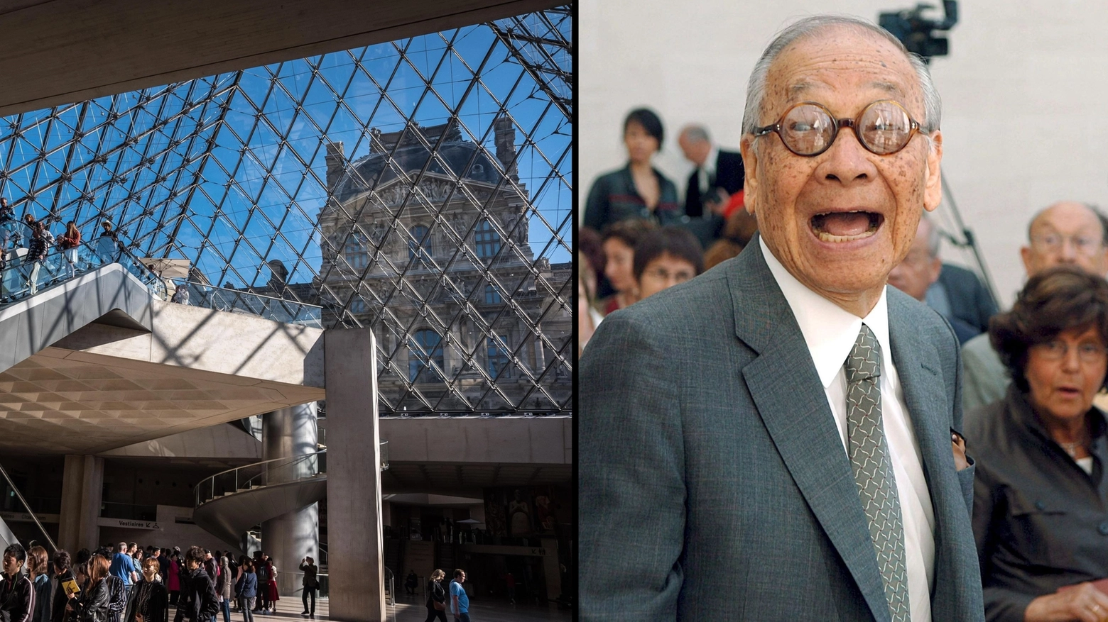 La piramide di vetro del Louvre e l'architetto Ieoh Ming Pei (Ansa)