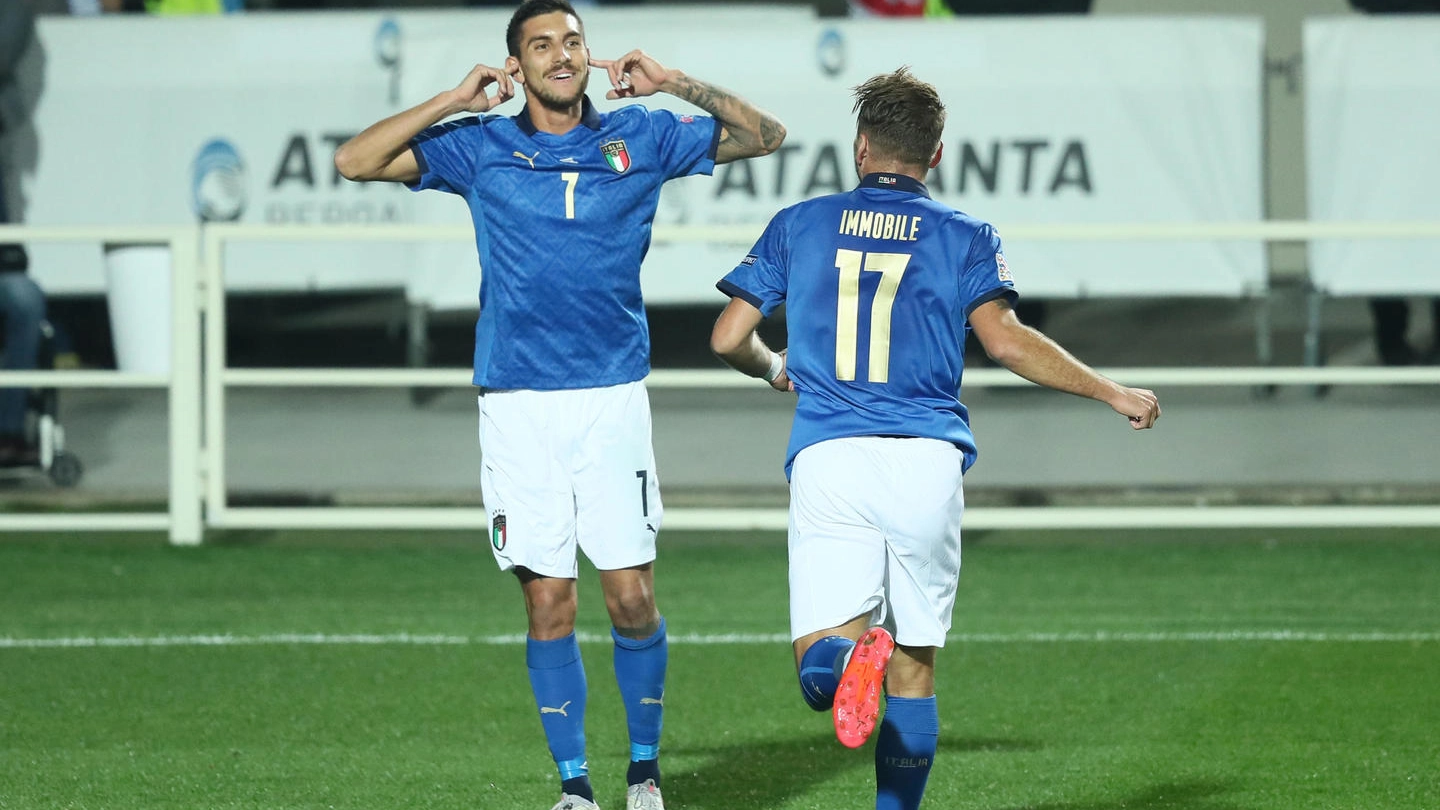 Italia-Olanda 1-1, l'esultanza di Lorenzo Pellegrini dopo il gol (Ansa)