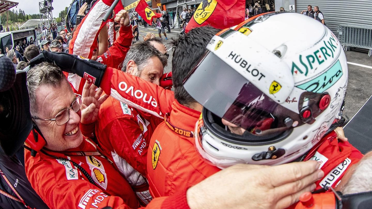 Gp Belgio, l'esultanza di Sebastian Vettel (Ansa)