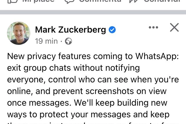 Il post su Facebook di Mark Zuckerberg