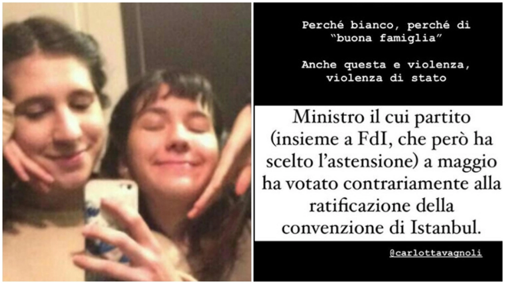 Elena e Giulia Cecchettin; a destra il post di Elena in risposta al post del ministro Matteo Salvini