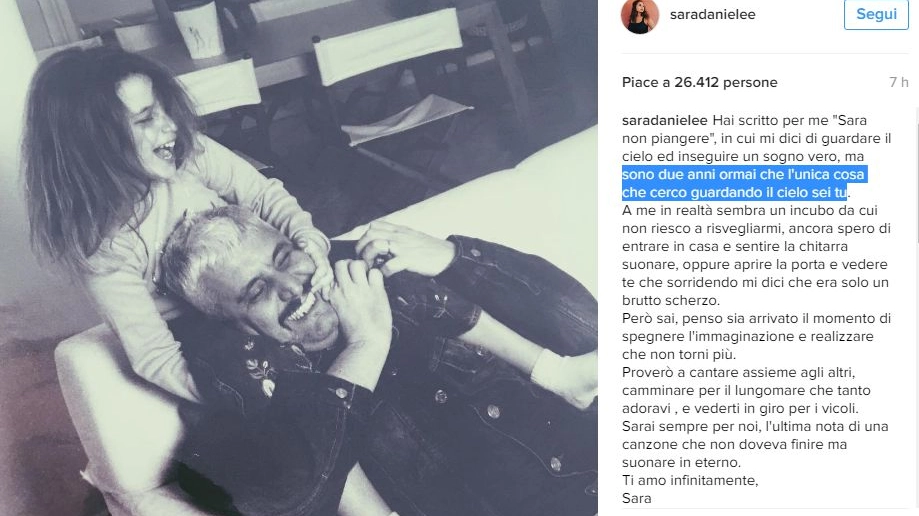 Il post di Sara Daniele dedicato al padre (Instagram)