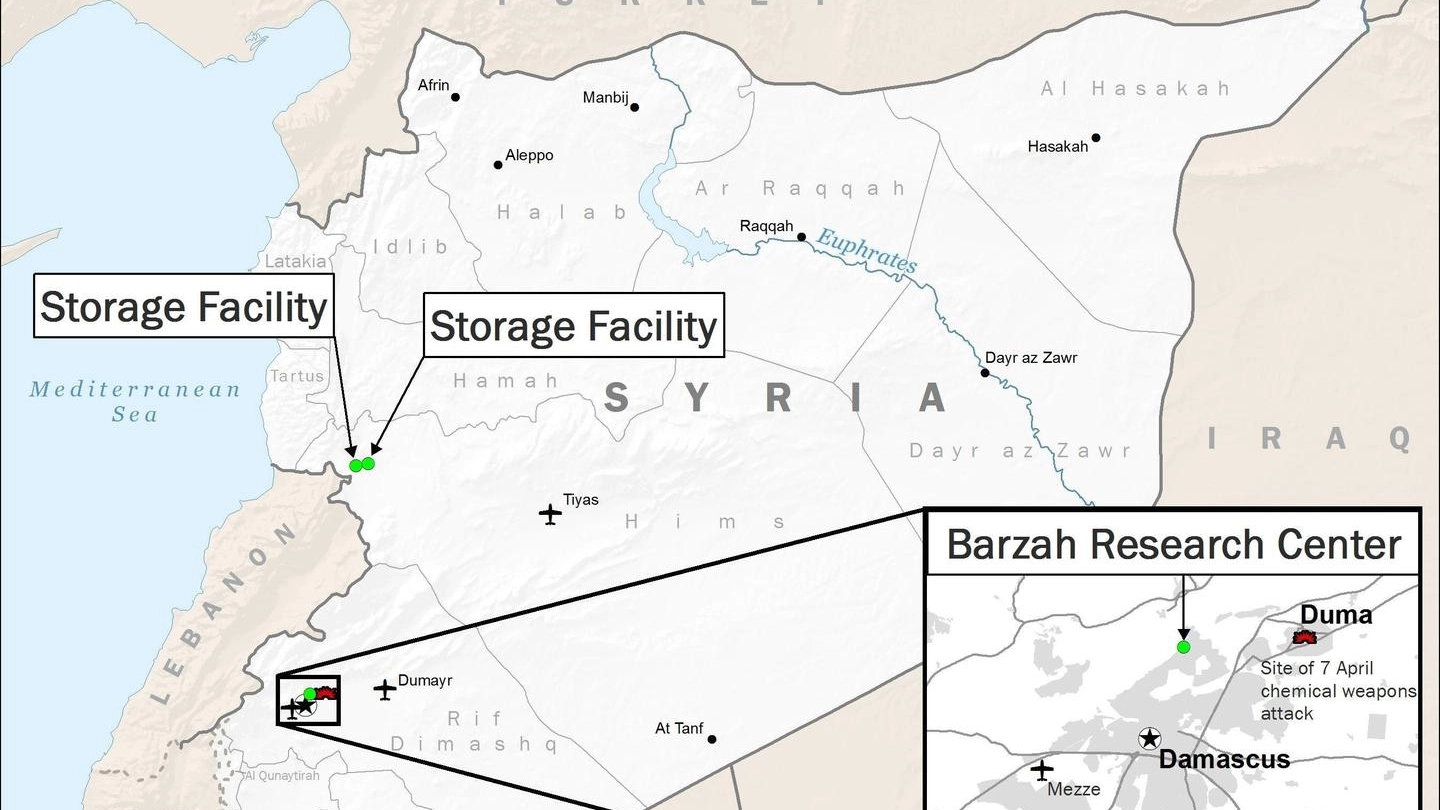 Mappa della Siria con gli obiettivi militari Usa (Ansa)