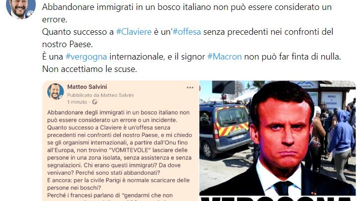 Il tweet di Salvini sul caso di Claviere (Dire)