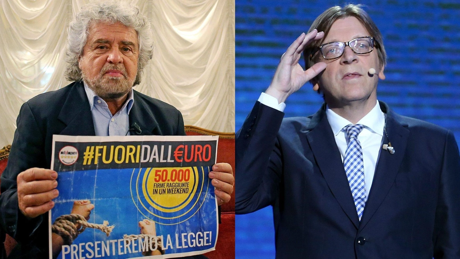 Combo: Beppe Grillo nel 2014 e Guy Verhofstadt 