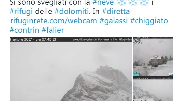 Previsioni meteo, ancora maltempo. Neve sulle Alpi (foto da Twitter @Rifuginrete)