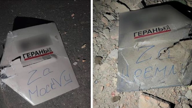 Droni russi caduti su Odessa con le scritte "Per Mosca" e "Per il Cremlino"