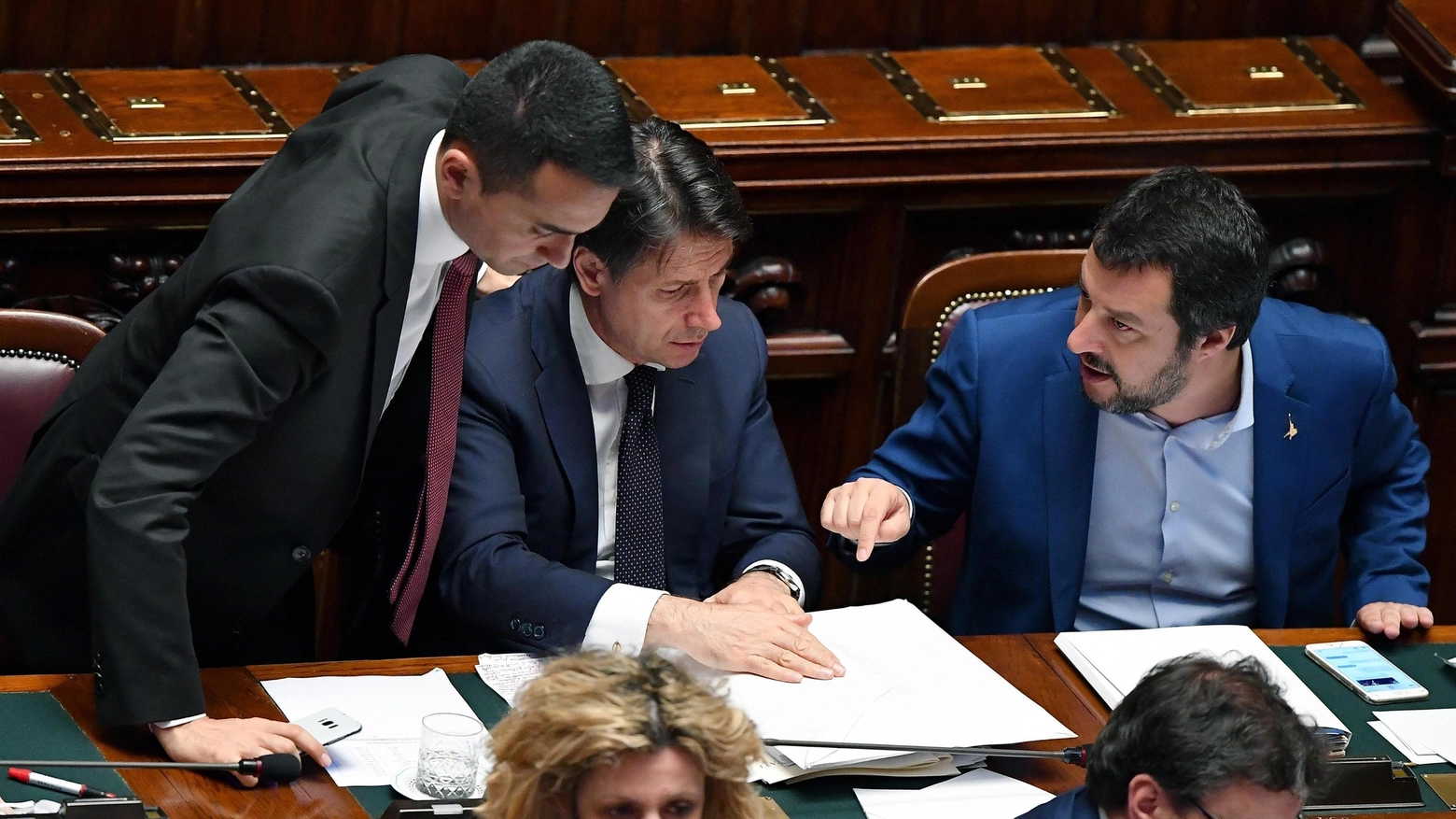 Da sinistra Di Maio, Conte e Salvini (Ansa)