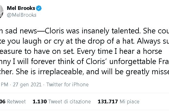 Il tweet di Mel Brooks su Cloris Leachman