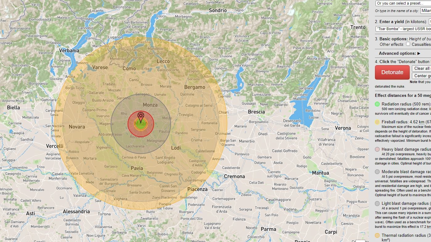 Gli effetti di una bomba da 50 megatoni sganciata su Milano