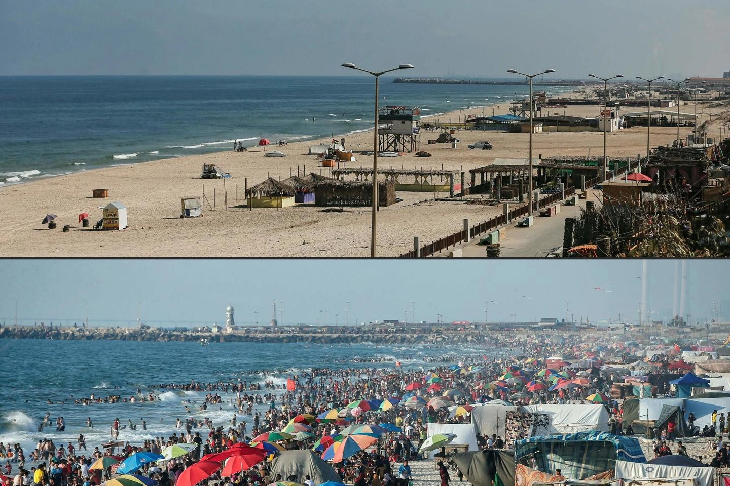 La spiaggia a Gaza, prima e dopo prime restrizioni (Ansa)