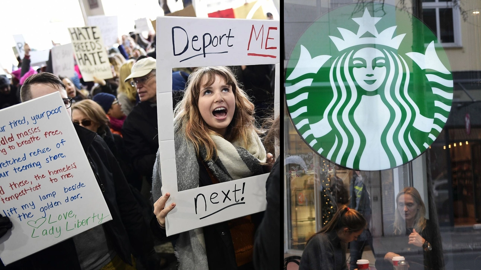 Combo: proteste anti-Trump e il logo di Starbucks
