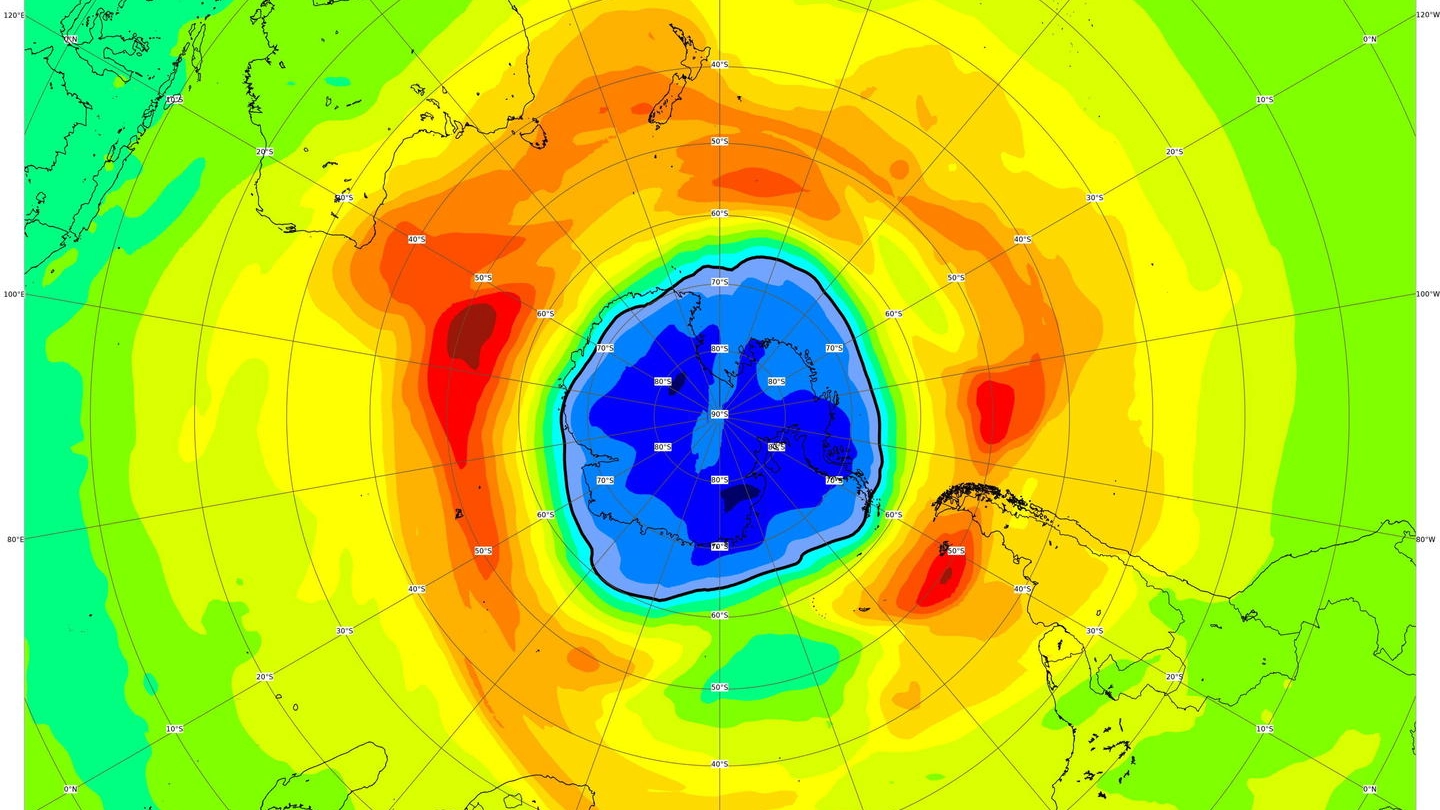 Una mappa del buco dell'ozono sopra il polo sud dell'Agenzia europea spaziale