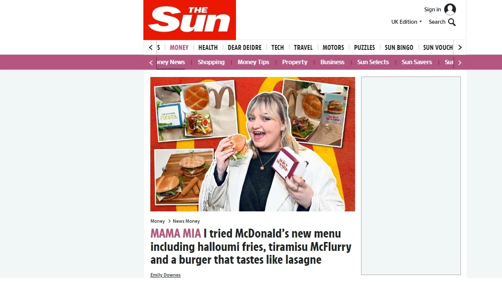 La pagina del Sun dedicata ai nuovi gusti McDonald's