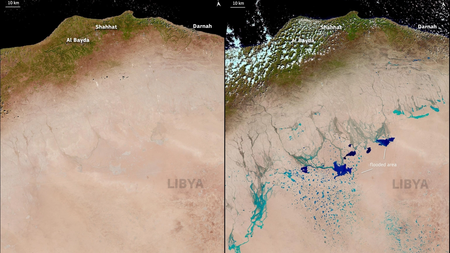 Libia, immagini satellitari: prima e dopo l'inondazione (Ansa)