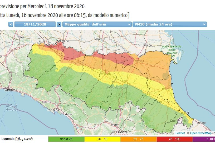 Le previsioni dello smog in Emilia Romagna per il 18 novembre (Arpa)