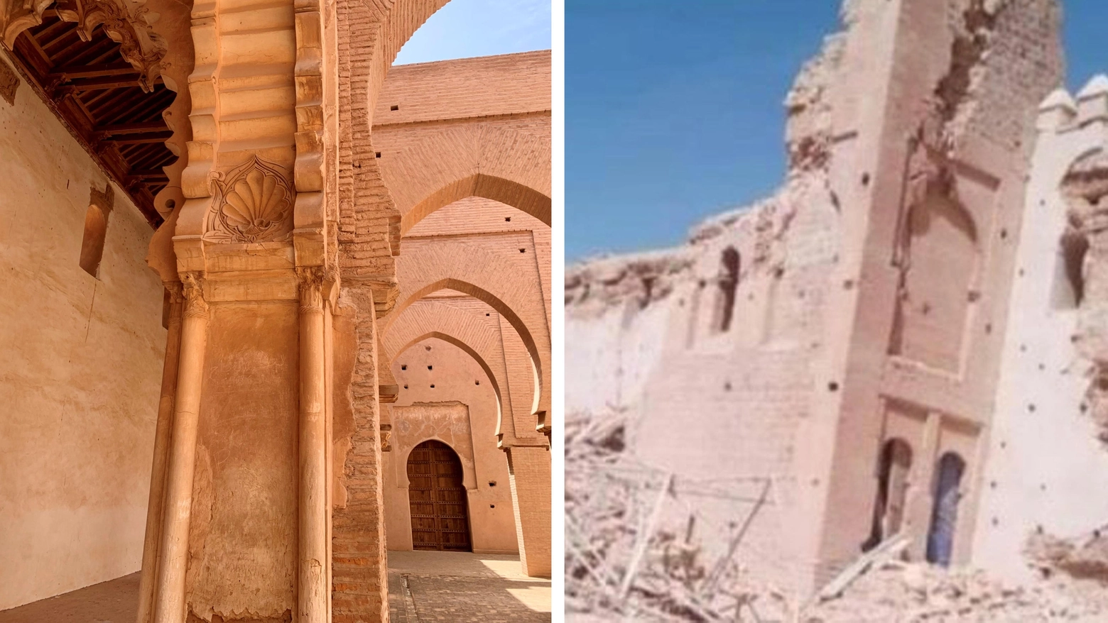 La moschea di Tinmel sull'Atlante prima e dopo il terremoto (Ansa)