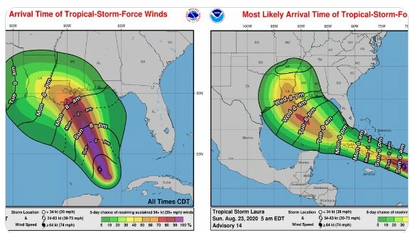 Usa, le traiettorie degli uragani Laura e Marco (twitter National Hurricane Center)
